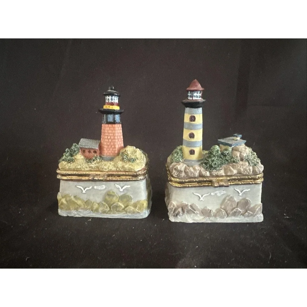 Vintage Lighthouse Trinket Boxes Set of 2 Decorative Coastal Keepsake Boxes